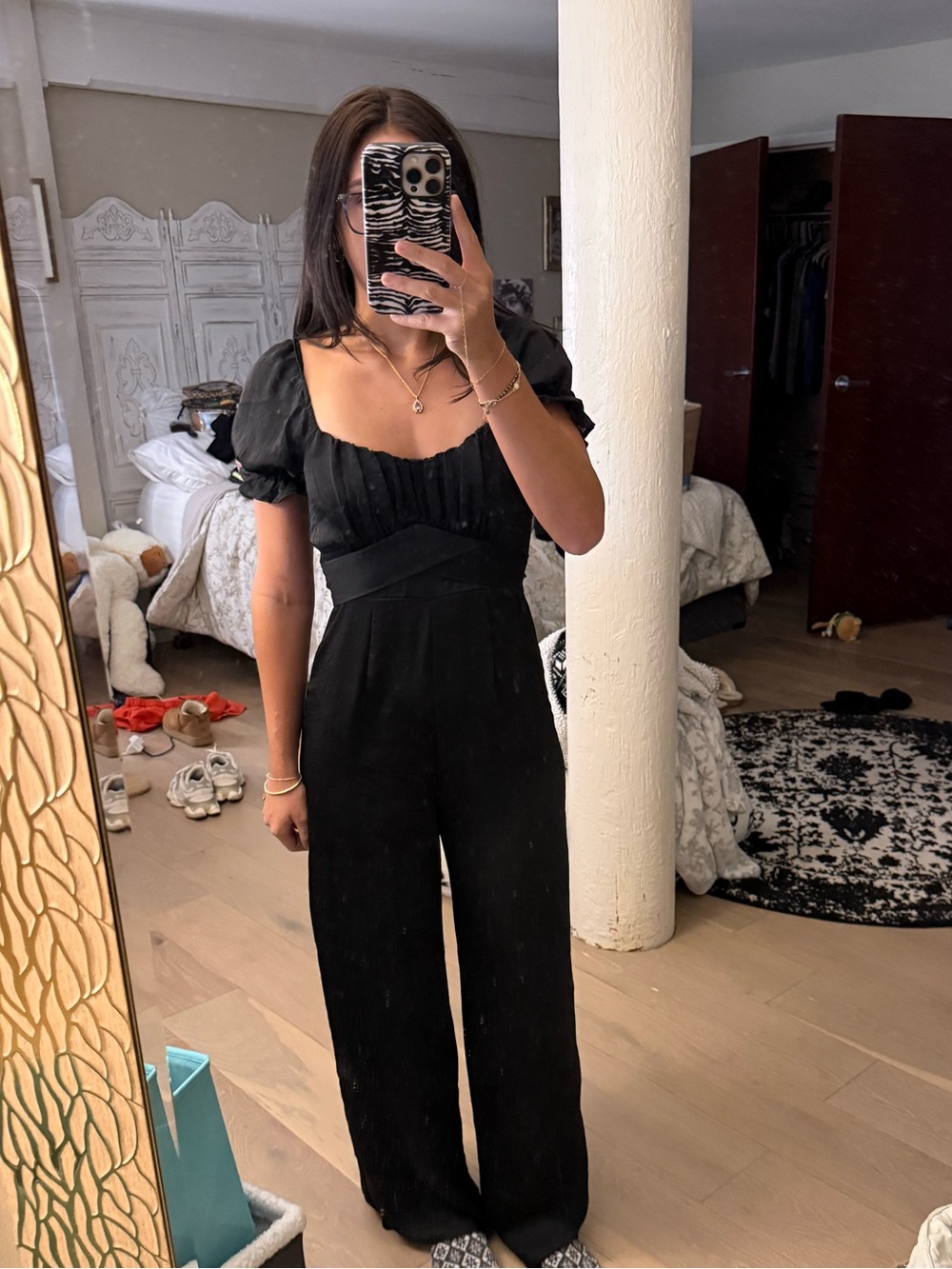Altar'd State Black Puff-Sleeve Square-Neck Jumpsuit